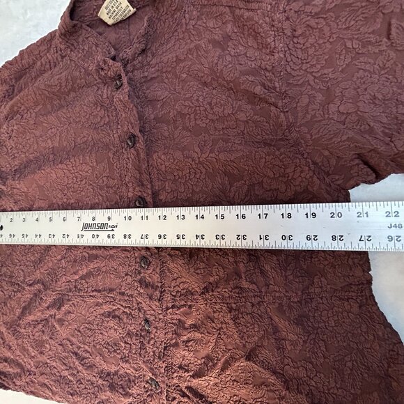 URU Womens Textured Floral Pattern Silk Button-Up Shirt Jacket Maroon 3/4 Sleeve - Picture 6 of 8